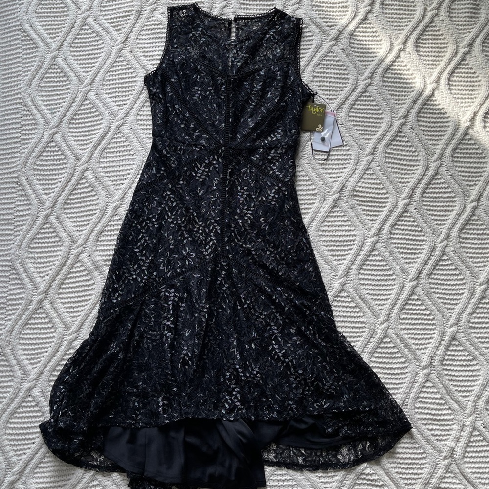 Taylor Petites Black and Silver Patterned Dress